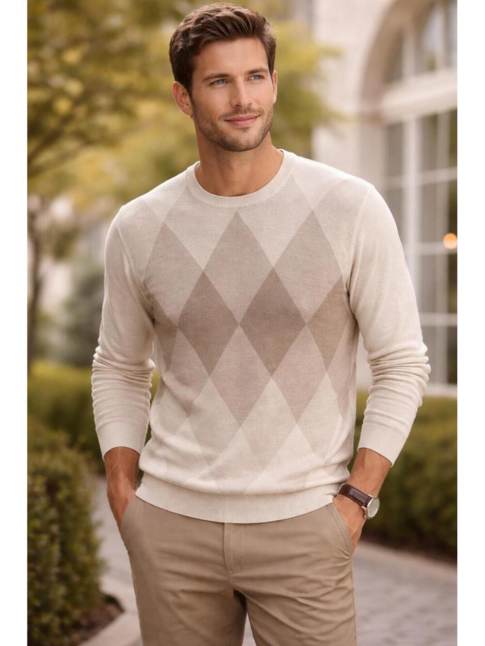 Apt 9 Men's XL Merino Blend Argyle Sweater Cream Beige Classic Preppy Soft Knit